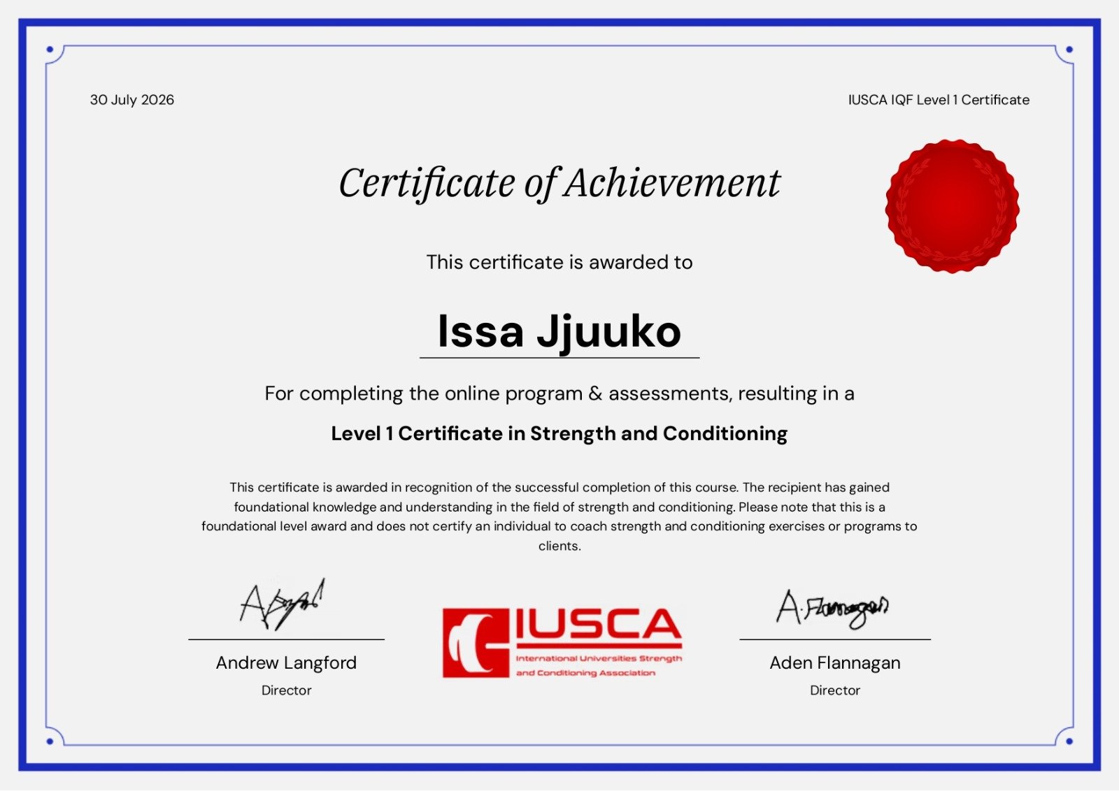 IUSCA Strength and Conditioning certificate